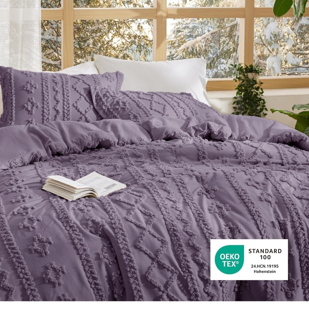Bedsure Tufted Boho Comforter Set Queen Size - Grayish Purple Boho Bed Set, Gent